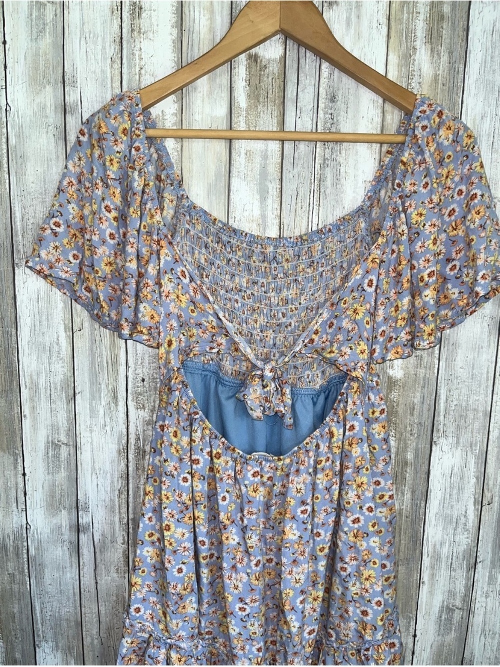 Altar’d State Blue Floral Smocked Mini Dress Open Back Puff Sleeve Cottagecore - Picture 6 of 6